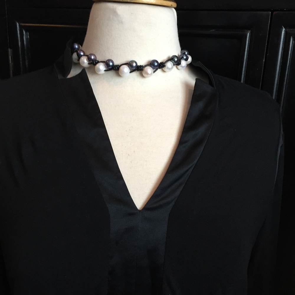 Pearl and Leather Necklace Black, White Pearls NEW